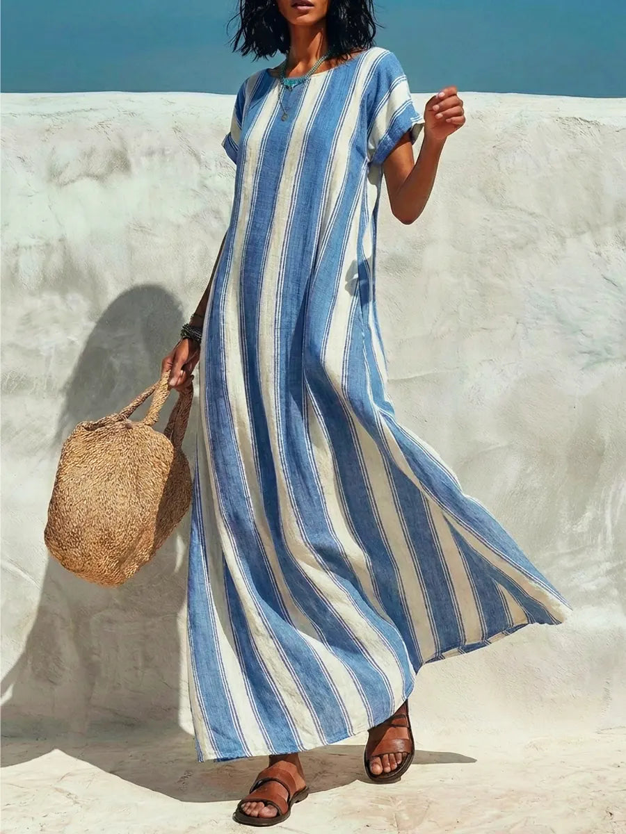 Women's Striped Art Round Neck Casual Stylish Cotton Linen Dress