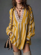Loose-fit Casual Striped Linen-cotton Mini Dress With Lace Trim