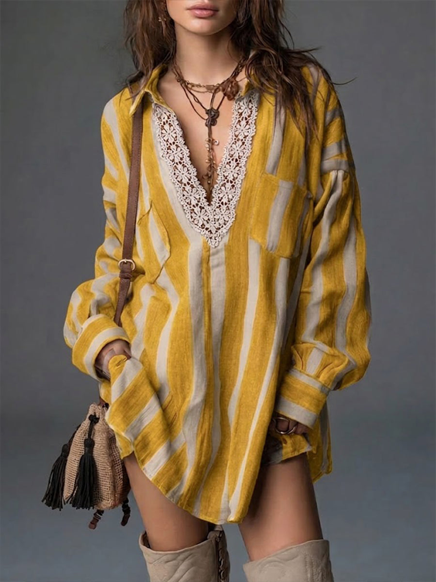 Loose-fit Casual Striped Linen-cotton Mini Dress With Lace Trim