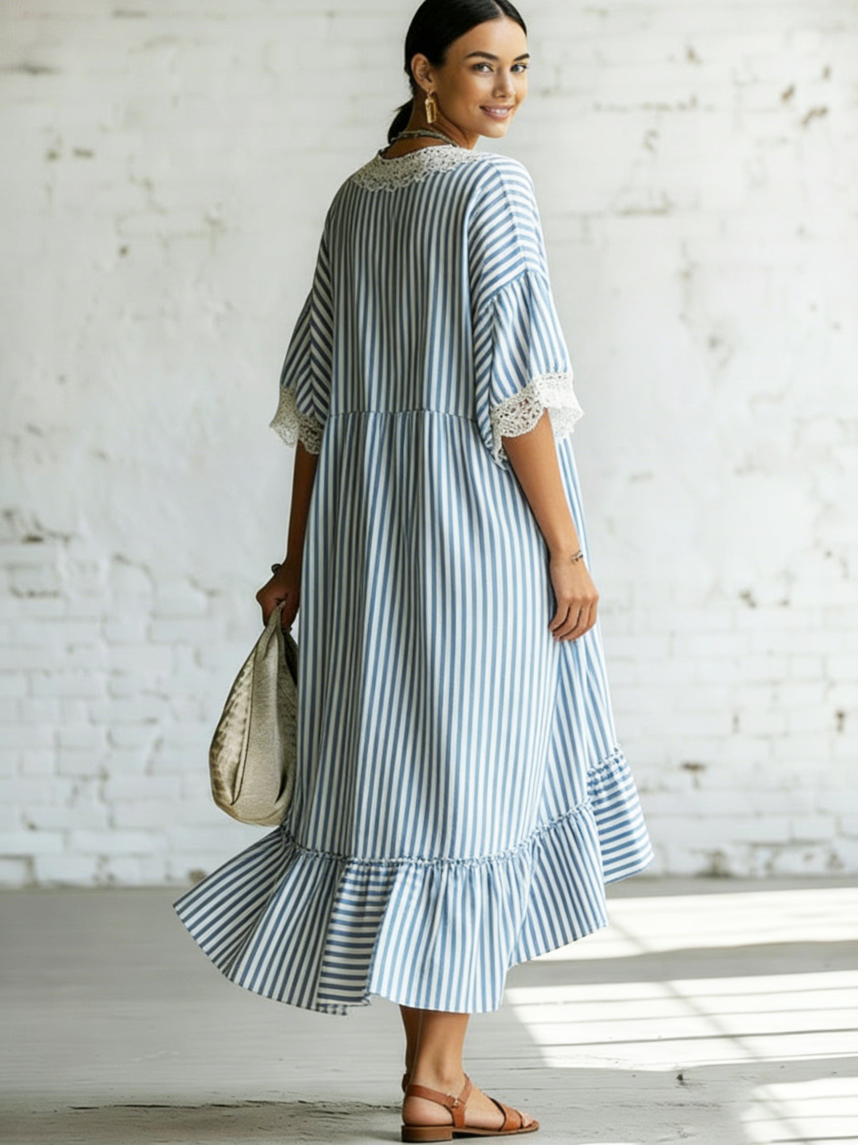 Romantic Striped Lace Asymmetrical Hem Loose-fit Dress