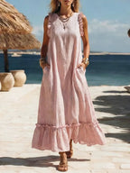 Women's Retro Striped Art Casual Ruffled Stylish Cotton Vacation Dress