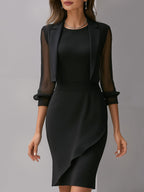 Black Sheer-sleeved Blazer And Asymmetrical Dress Two-piece Set