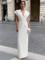 V-Neck Pleated Waist Maxi Dress With Cap Sleeves