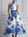 Sleeveless Open-Shoulder Blue Floral Print A-Line Midi Dress