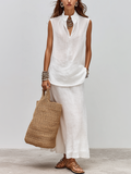 Resort-style White Linen Sleeveless Shirt And Skirt Set