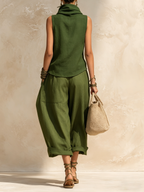 Olive Cowl Neck Sleeveless Linen-Blend Co-ord Set With Drop-Crotch Pants