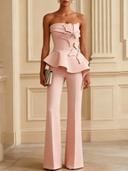 Women White 3D Floral Pearl Strapless Sleeveless Dressy Jumpsuit