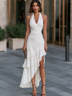 Halter Neck Pleated Asymmetric Maxi Dress
