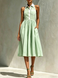 Striped Color-block Lapel Sleeveless A-line Dress With Cinched Waist