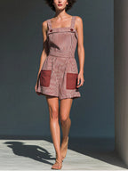 Women's Casual Loose-fit Striped Print Square-neck Spaghetti Strap Cotton-linen Romper