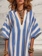 Women's Retro Striped Art Vacation Casual Stylish Cotton Linen Maxi Dress