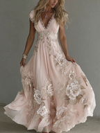 Women's Vintage Boho Floral Art  Short-sleeved Maxi Dress