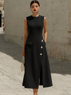 Sleeveless Tailored Midi Dress With Silver Buttons And Pocket