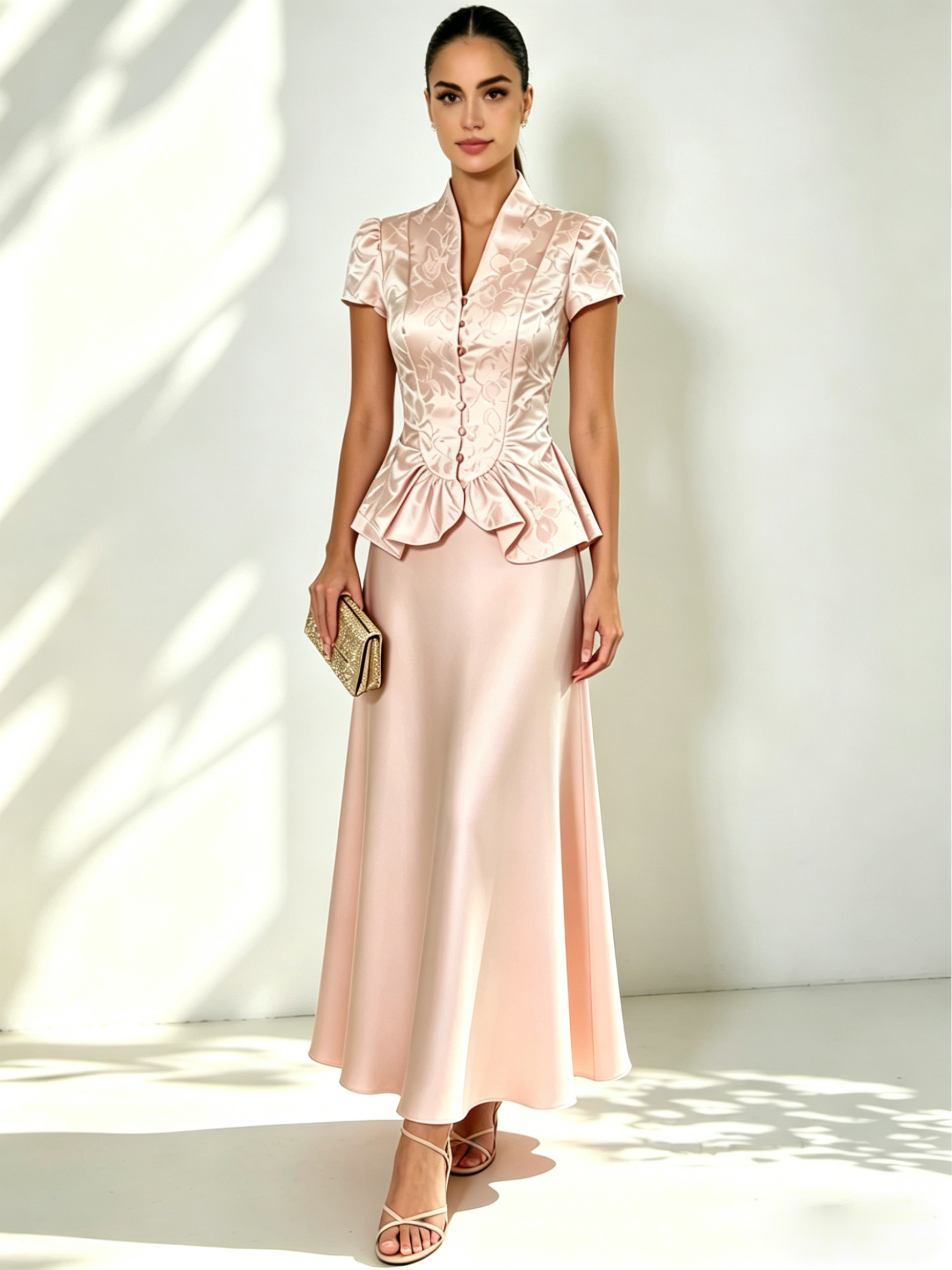 Women Pink Jacquard V Neck Short Sleeve Dressy Coat With Skirt Two-Piece Set