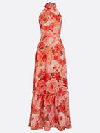 Orange Red Floral Bow Chiffon Halter Sleeveless A-Line Maxi Dress