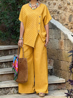 Casual Striped Linen And Cotton Two-piece Top And Pants Set