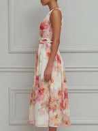 Soft Pleated Floral A-Line Midi Dress