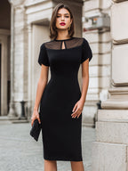 Sheer Panel Keyhole Neckline Short Sleeve Sheath Dress