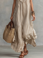 Retro Ruffled V-neck Striped Cotton-linen Dress