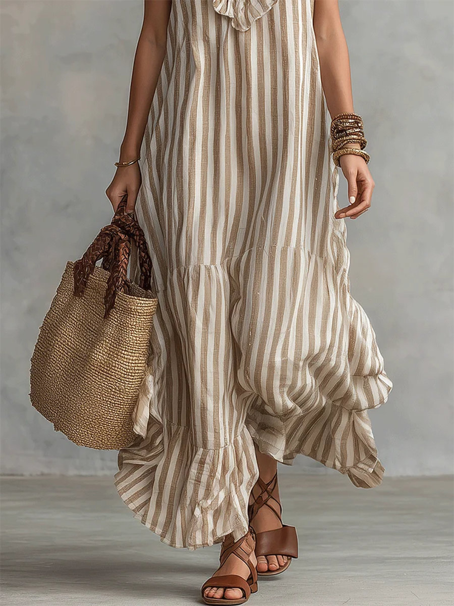 Retro Ruffled V-neck Striped Cotton-linen Dress