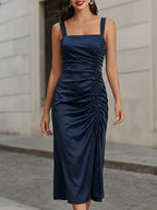 Satin Square Neck Ruched Drawstring Slit Midi Dress
