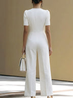 Round Neck Front Zip Puff Sleeve High Waist Wide Leg Jumpsuit