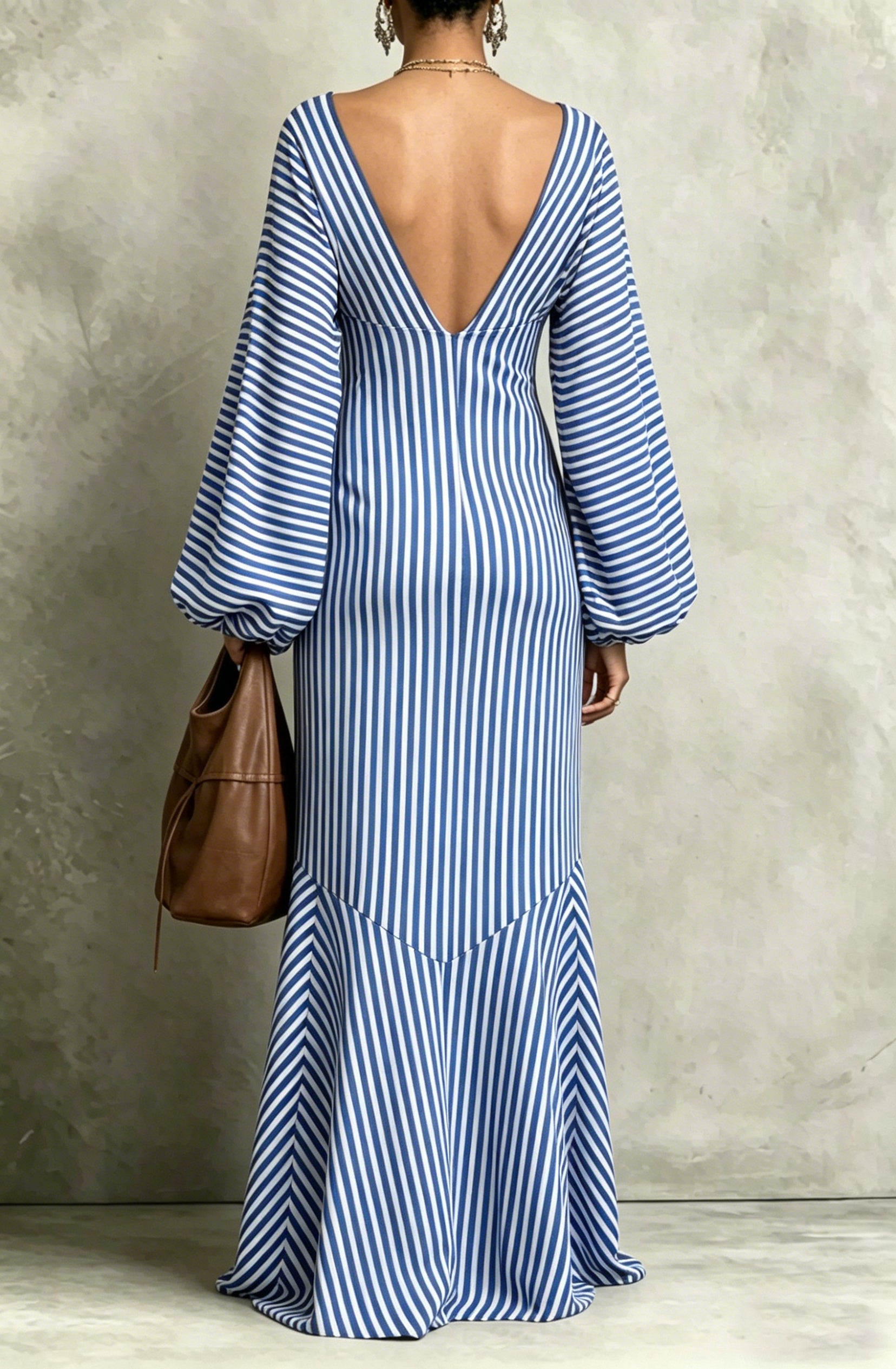 Retro Striped Lantern-sleeve Dress