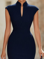 Elegant Navy Blue Pinstripe Stand Collar Bodycon Midi Dress