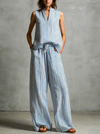 Women's Striped Print V-neck Sleeveless Casual Loose Cotton-linen Top & High-waisted Wide-leg Pants Set