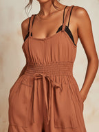 Smocked Waist Ruffle Hem Wide-Leg Jumpsuit