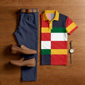 Men's Casual Navy Blue & Multi Color Matching Geometric Printed Short Sleeved Polo Shirt & Trousers Two-Piece Set