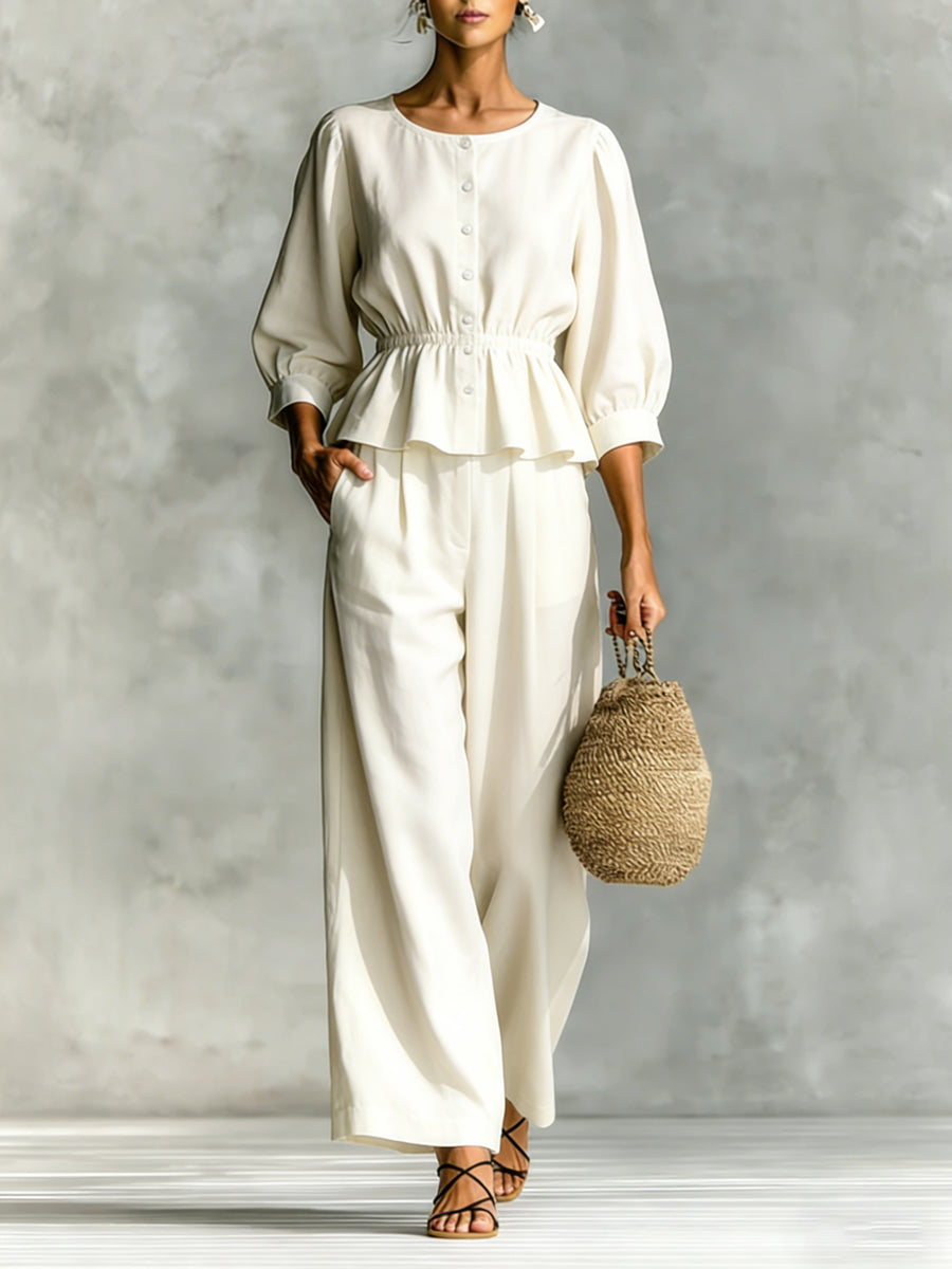 Women's Minimalist Casual Ruffle Cotton and Linen Set