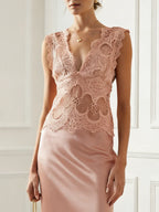Women Pink V Neck Sleeveless Elegant Top With Skirt Two-Piece Set