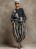 Artistic Stripe Print Cotton-linen Two-piece Set
