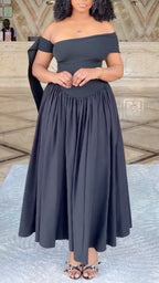 Off Shoulder Bow Sleeve High Waist Full Skirt Midi Formal Party Dress