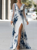 Front Slit Sheer Mesh Printed Maxi Dress