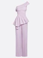 Women Light Purple Peplum One Shoulder Sleeveless Elegant Top With Pants Two-Piece Set