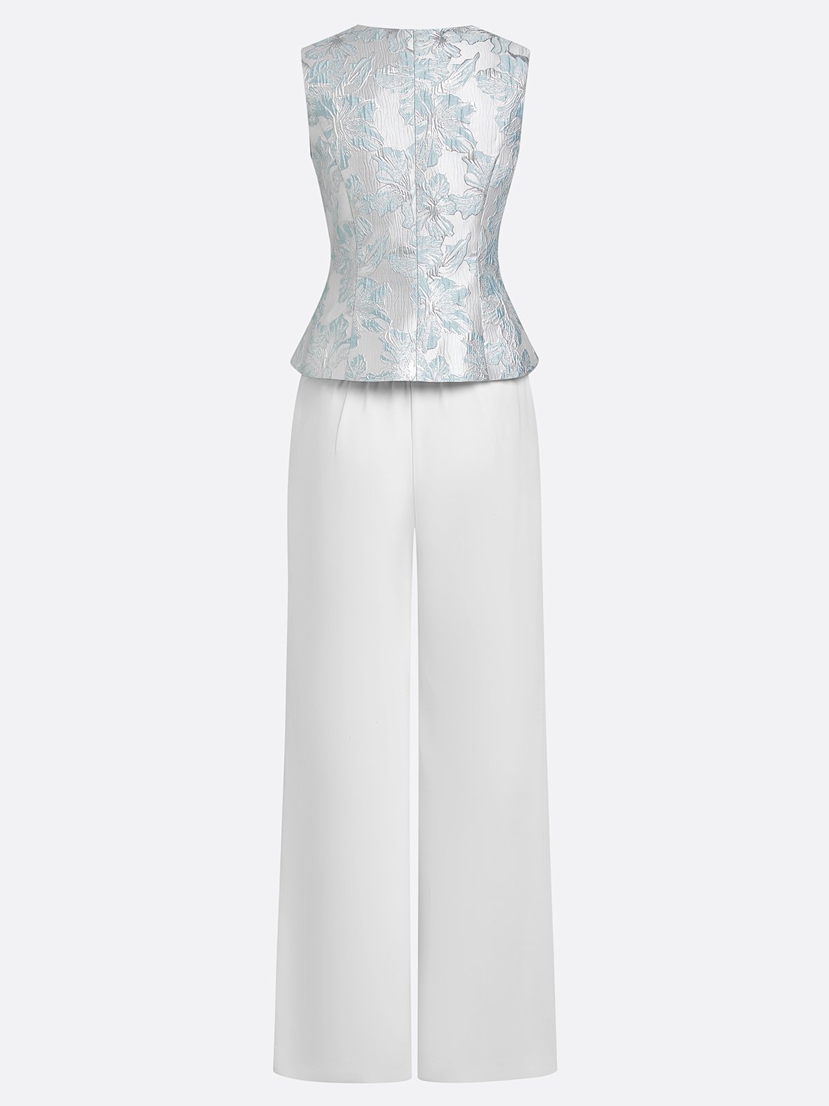 Women White Jacquard Floral Buckle Crew Neck Sleeveless Dressy Top With Pants Two-Piece Set