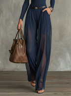 Navy Lace-Panel Long Sleeve Top And Sheer Pleated Wide-Leg Pants Set(with belt)