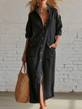 Casual Artistic Hollow-out Shoulder Linen Cotton Dress