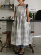 Light Grey and Cream Checked Cotton Apron