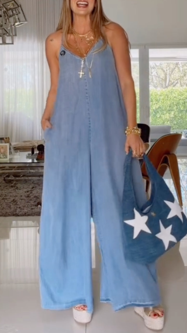 V-Neck Halter Top Tencel Denim Casual Jumpsuit