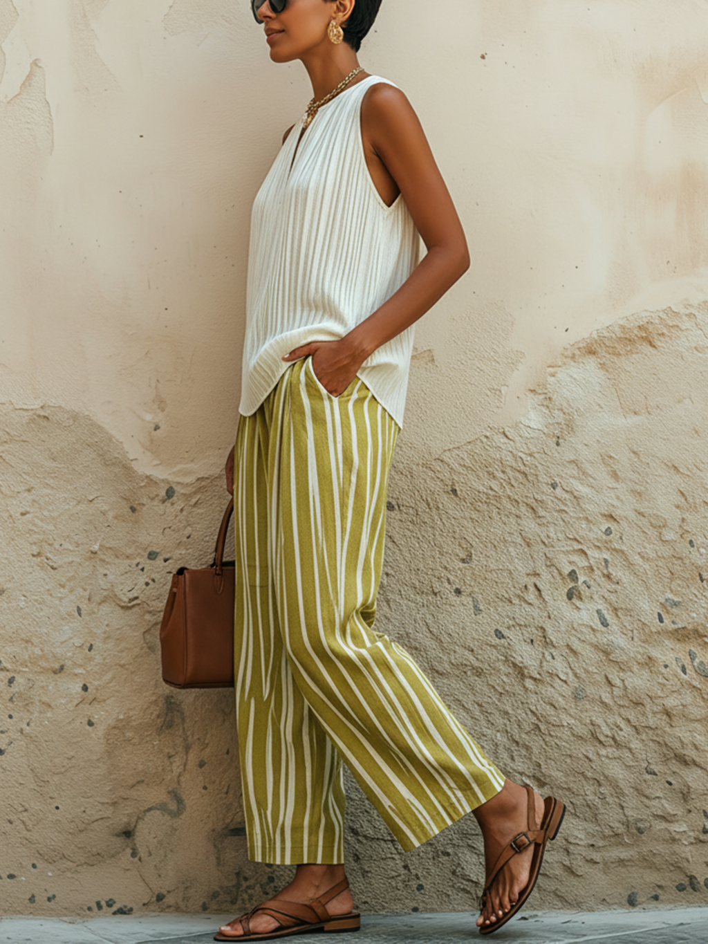 White Pleated Keyhole Sleeveless Top & Olive Striped Pants Two-Piece Set
