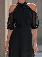 Off-Shoulder Halterneck Sheer Layered Dress