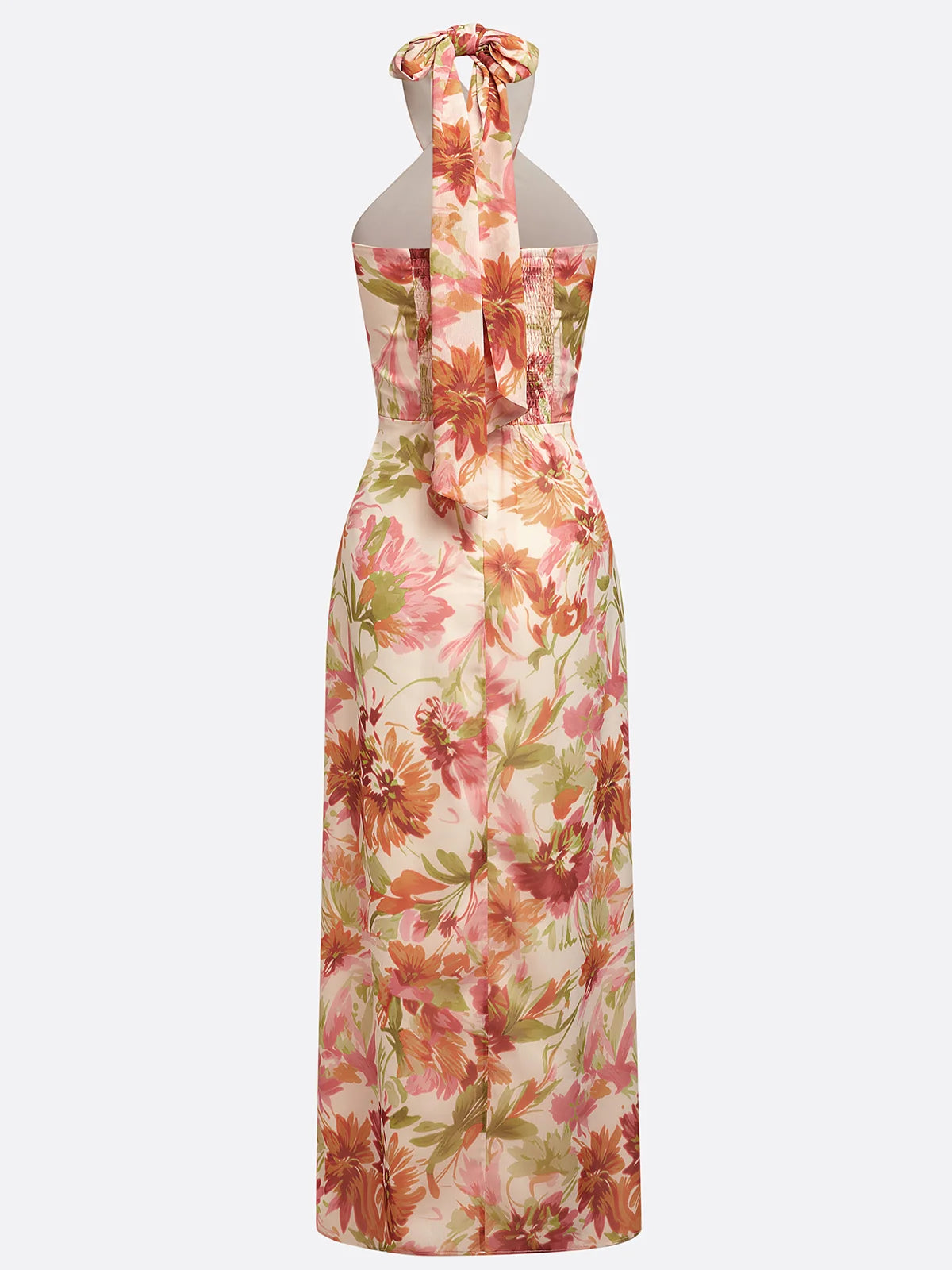 Orange Floral Bow Chiffon Halter Sleeveless A-Line Maxi Dress