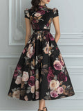 Vintage Black Rose Print High Neck Puff Sleeve Midi Dress
