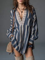 Loose-fit Casual Striped Linen-cotton Mini Dress With Lace Trim