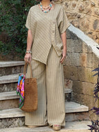 Casual Striped Linen And Cotton Two-piece Top And Pants Set
