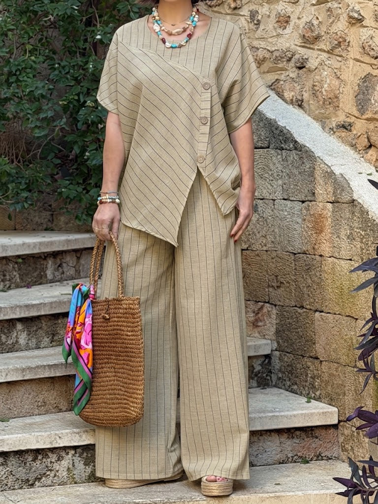 Casual Striped Linen And Cotton Two-piece Top And Pants Set