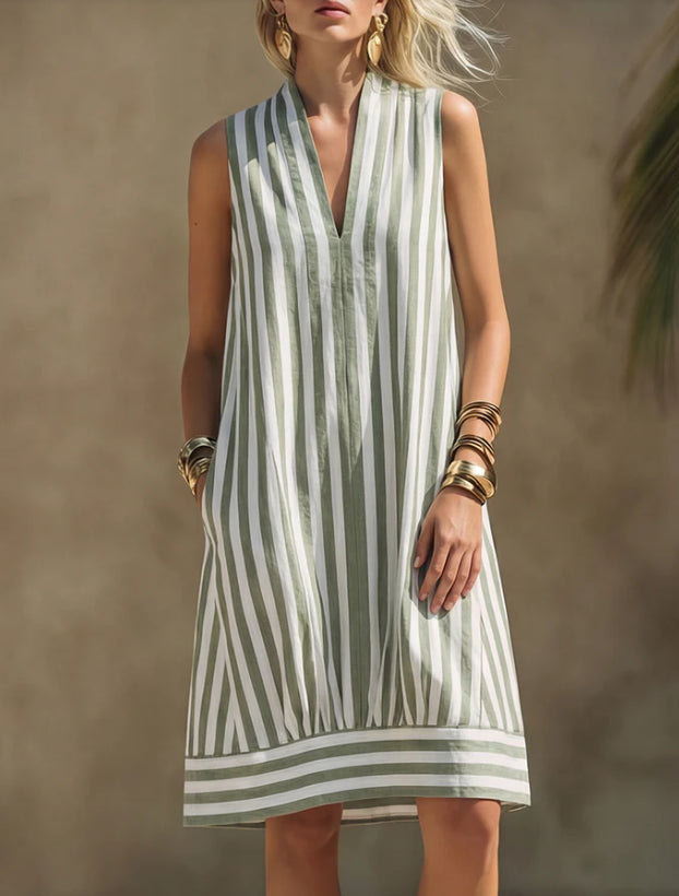 Green And White Striped Sleeveless V-neck Cotton-linen Dress
